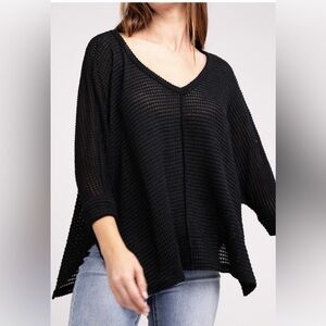 Zenana Women's 2XL Gray Open Knit V-Neck Sweater 3/4 Sleeve Casual